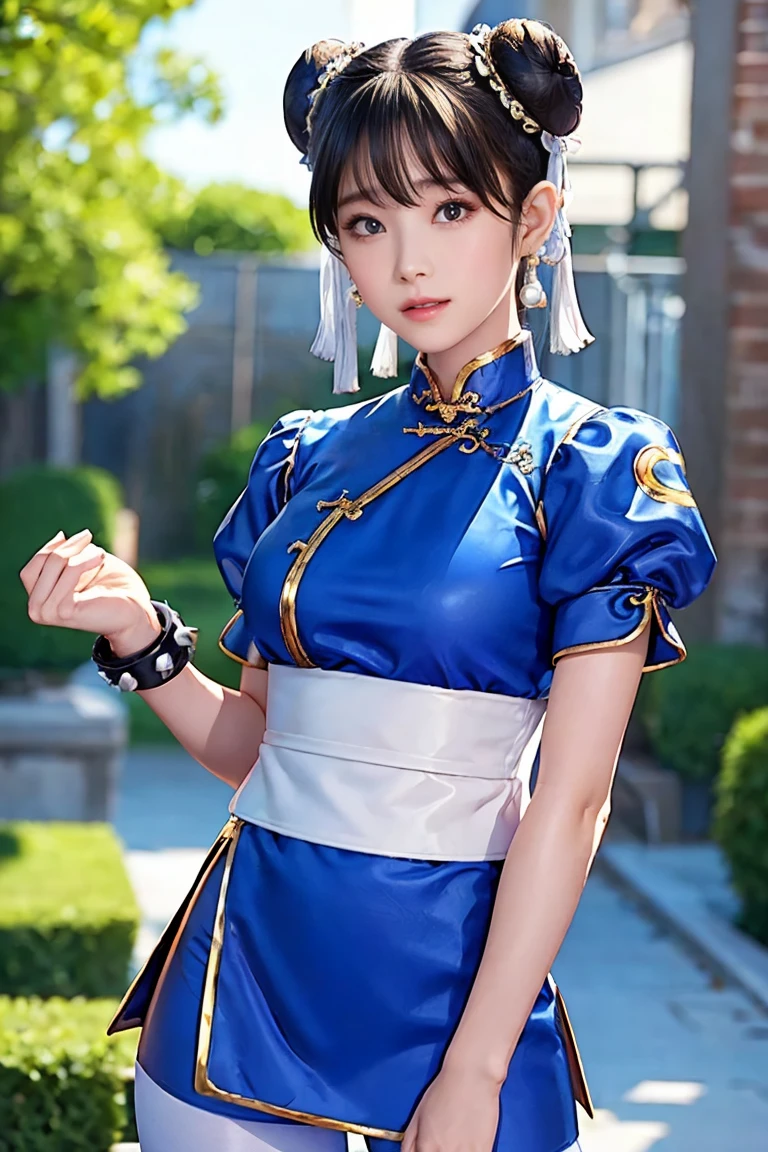 Chun-Li from Street Fight II,perfect chun li costume,blue cheongsam with gold lines,Bun head,Good cover,fighting pose,masterpiece、1 beautiful girl、fine eyes、puffy eyes、highest quality, 超High resolution, (reality: 1.4), movie lighting、Japanese、asian beauty、Korean、super beautiful、beautiful skin、body facing forward、close up of face、(超reality的な)、(High resolution)、(8k)、(very detailed)、(美しくfine eyes)、(Super detailed)、 (wall-)、detailed face、bright lighting、professional lighting、looking at the viewer、look straight ahead、slanted bangs、Nogizaka Idol、korean idol、masterpiece, highest quality, masterpiece, highest quality, perfect face, perfect brown eyes with white sclera, bad move-5, alone, 1 girl, Upper body, brown hair, From SF2, Chinese service, smile, muscular woman, blue clothes, pantyhose, pelvic curtain, Puffy short sleeves, Good cover, sash, evaluation:safety