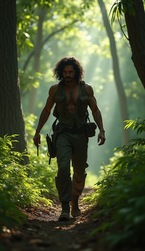Create a realistic photo of a somewhat athletic man in a black short sleeve shirt, and military print pants. He has medium length hair tied up and loose and light green eyes., your face has a murderous expression. Your face has no beard.. He wears black military boots and has a tactical knife strapped to his leg.. He is in a pine forest and his hands are Stained with blood