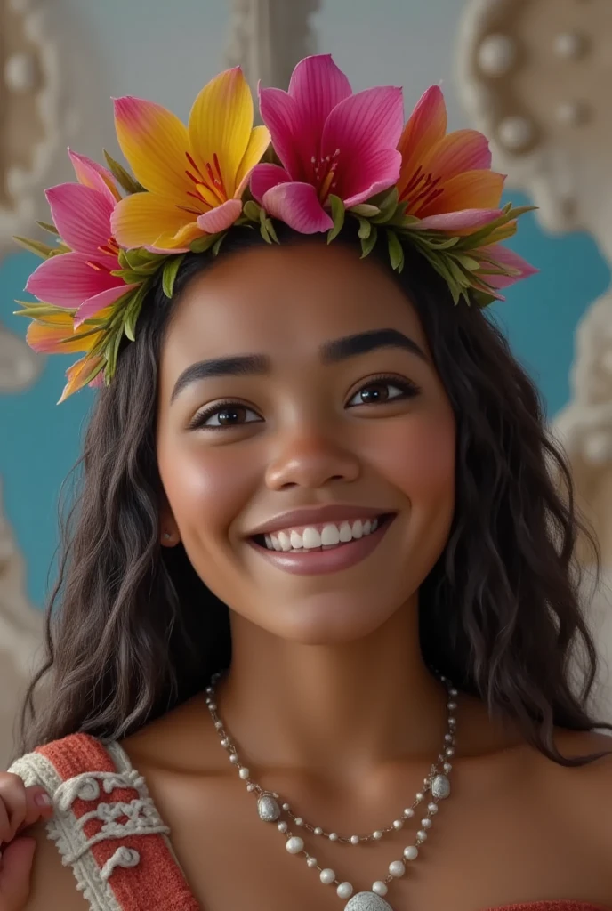 photograph of woman, moana-real, 1girl, happy, in her house, necklace,head wreath,  