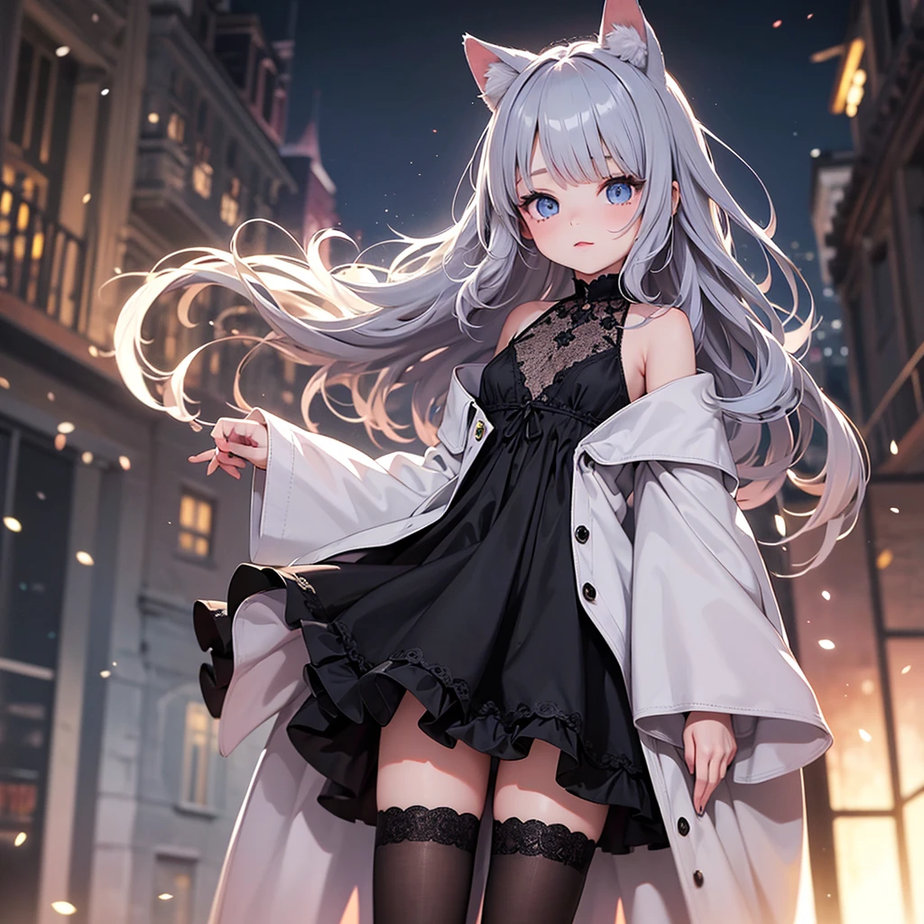 silver hair, dog ears,frill dress,wavy hair,delicate features quiet gaze,beautiful half body illustration,beautiful backgraund,atmospheric lighting,sharp focus,cute face,reduce saturation,fine detailed face,small nose and mouth,volumetric top lighting,bold line painting, soft shadow,1girl,solo,female focus,small breasts,flat tits,Lolita,short height,skinny girl,blue eyes,open legs,animal ears,
