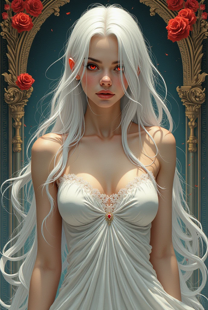 A young female vampire, beautiful, in a silver gown, holding a glass of wine in her hand. --auto --s2