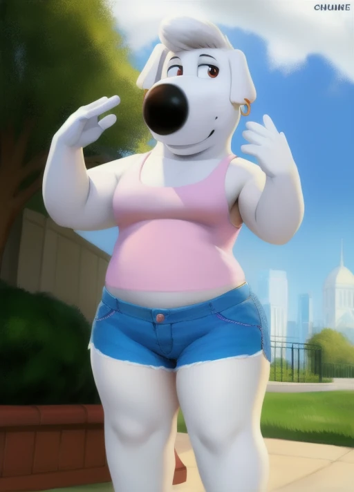 (Detailed fluffy by, by, byry body:1.2), (by chunie), Jasper, a dog, round eyes, round nose, small pupils, smile,  white hair, earrings, jean shorts,  Not suitable for work , Park, pose sexy,  anatomy, absurd res,   photomanipulation  ,  photograph \(Obra de arte\), Detailed,  thick thighs, bulto,  session,  looking at viewer , tank, gay,   uploaded to e621  , In your room in bed 