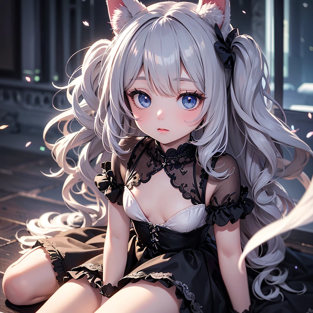 silver hair, dog ears,frill dress,wavy hair,delicate features quiet gaze,beautiful half body illustration,beautiful backgraund,atmospheric lighting,sharp focus,cute face,reduce saturation,fine detailed face,small nose and mouth,volumetric top lighting,bold line painting, soft shadow,1girl,solo,female focus,small breasts,flat tits,Lolita,short height,skinny girl,blue eyes,open legs,animal ears,
