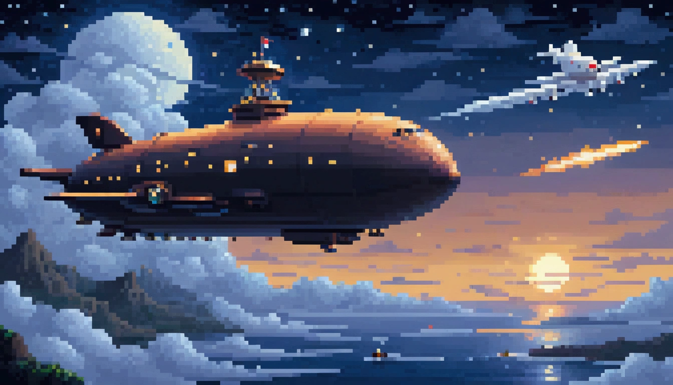 pixel art, 1 a white dirigible airship adventure , night, clouds, stars, surround sky