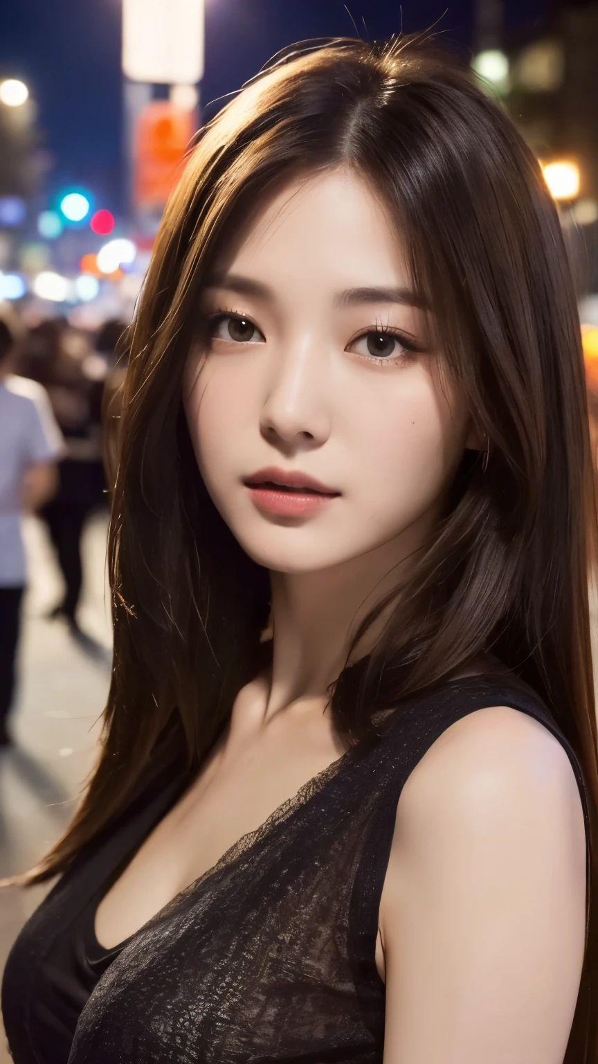 Beautiful supermodel woman with dark hair, A lock of hair with slight highlights, black eyes, mixed media, sexy,Japanese style street background,Colorful Dress , Liquid color flows across her face, Photographed by Yui Aragaki