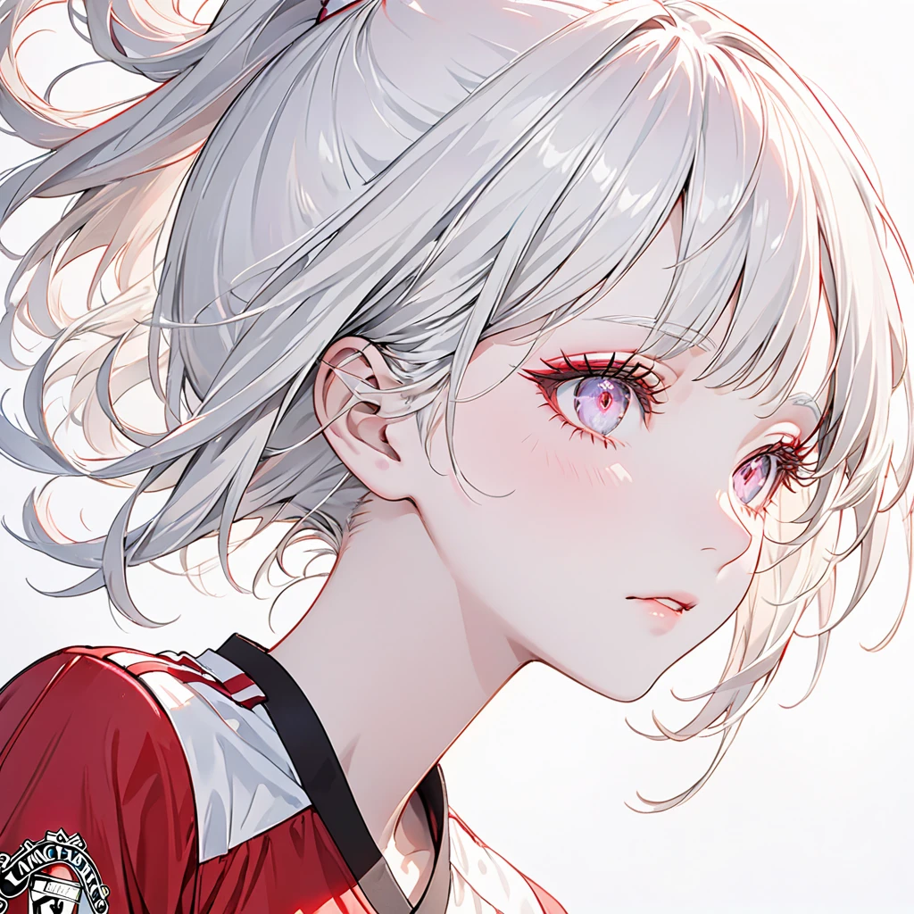 best quality, masterpiece,White hair, Golden Eyes,White clothes, look up, Upper Body,Hair,White skin,Side Braid