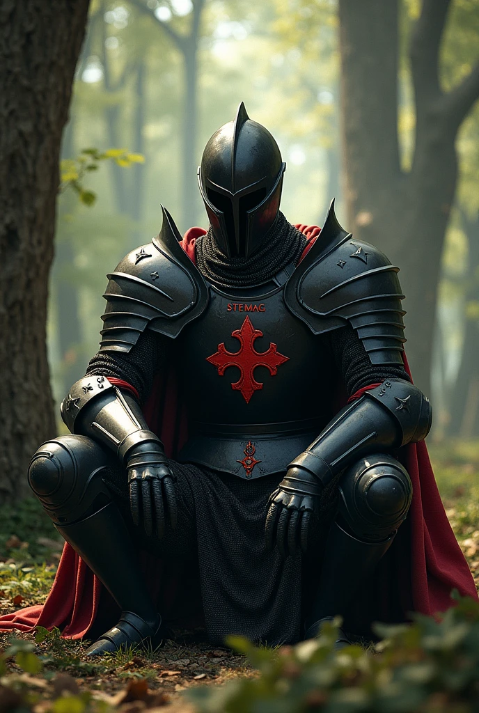 Make a knight sitting in a forest. His armor is black and red and he looks disappointed through his armor. Make him look dark and scary but don't over do it. In his chest there should be the word "stemag" 

