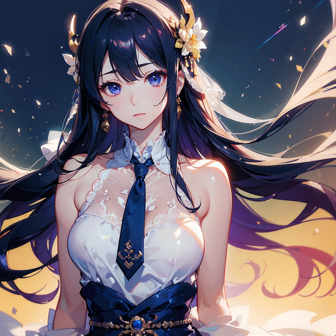 1 girl, game CG, white floral short kimono, thighs visible, gigantic breasts, visible cleavage, dark black hair, long hair, hair up, princess hairstyle, ahoge, blue bright eyes, smile, night, bright blue moon, ultra detailed eyes, ultra detailed face, ultra resolution, highly detailed, ultra hd, 4k, 8k
