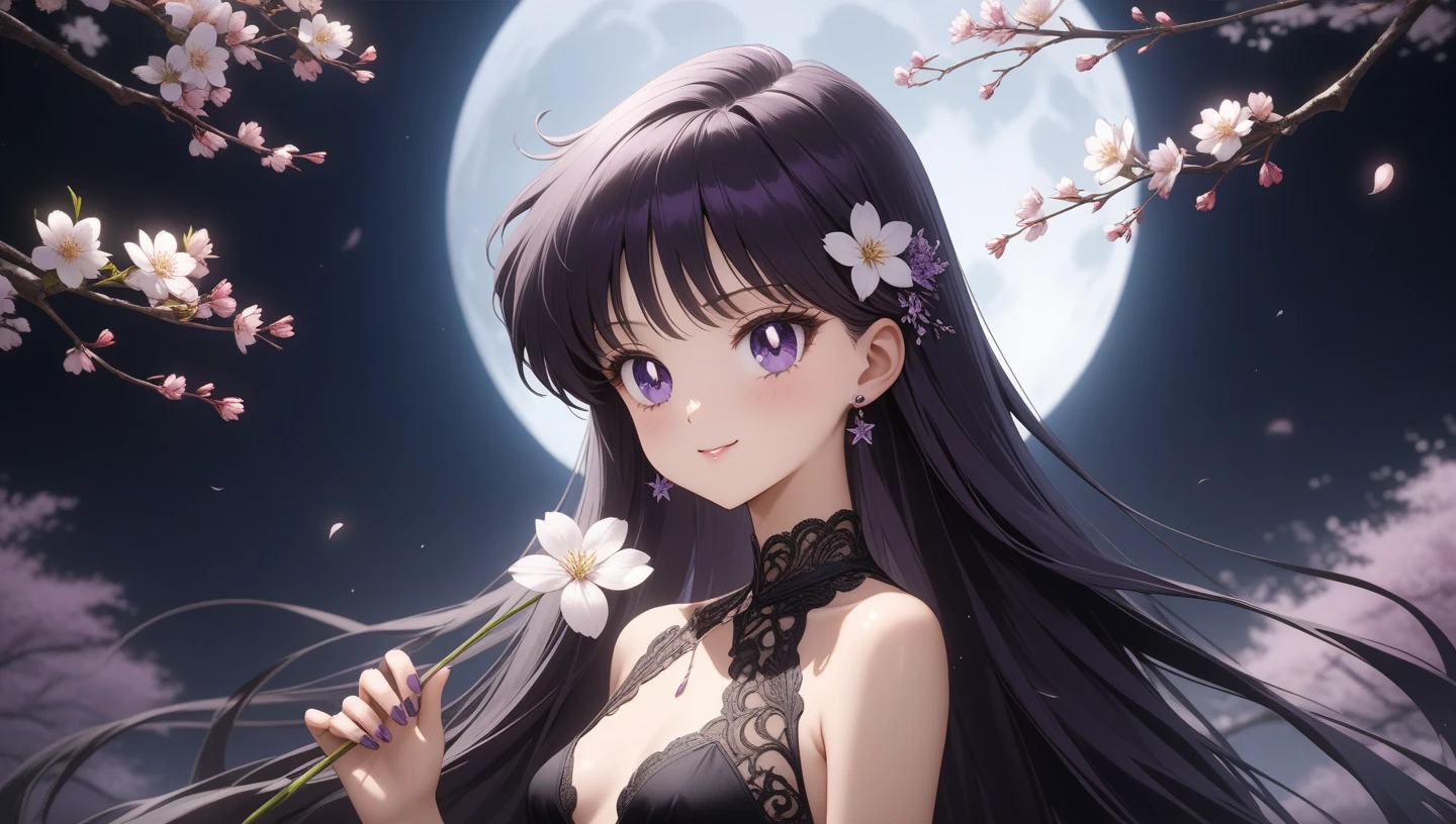 (masterpiece, best quality, very aesthetic , ultra detailed), intriguing details , 4K, various long haircut, hair flowers, black hair, hair combed to the side, purple nails, 1girl, small breasts, moon, 1 girl, Best quality, masterpiece, High Definition, looking at camera, white cherry blossoms, smile, detailed background, intricate details, black night, black evening wear, holding flower, various shot, Высокое разрешение