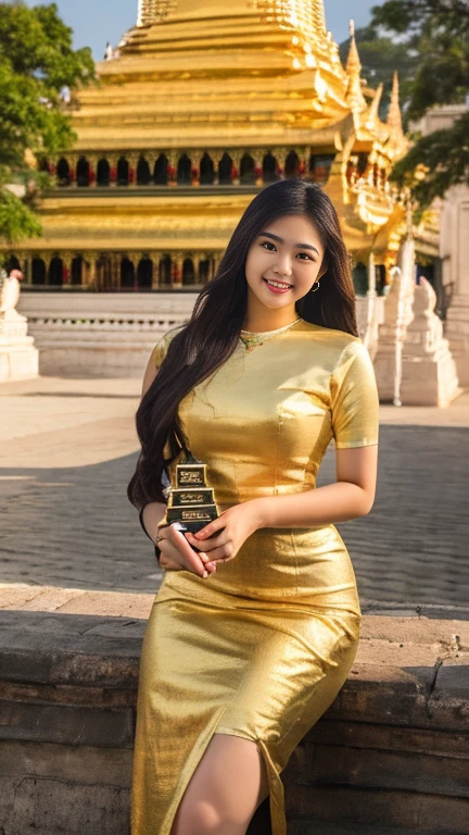 Beautiful and elegant, young Burmese woman, 20 years old, smiling face, happy eyes, pleasant smile, curvy body, not short, not tall, beautiful Burmese dress, long hair, fair skin, high hips, world record-breaking Pagoda pagodas as a natural background, highest clear resolution 16k award-winning Myanmar natural Pagoda view 3d HD HD