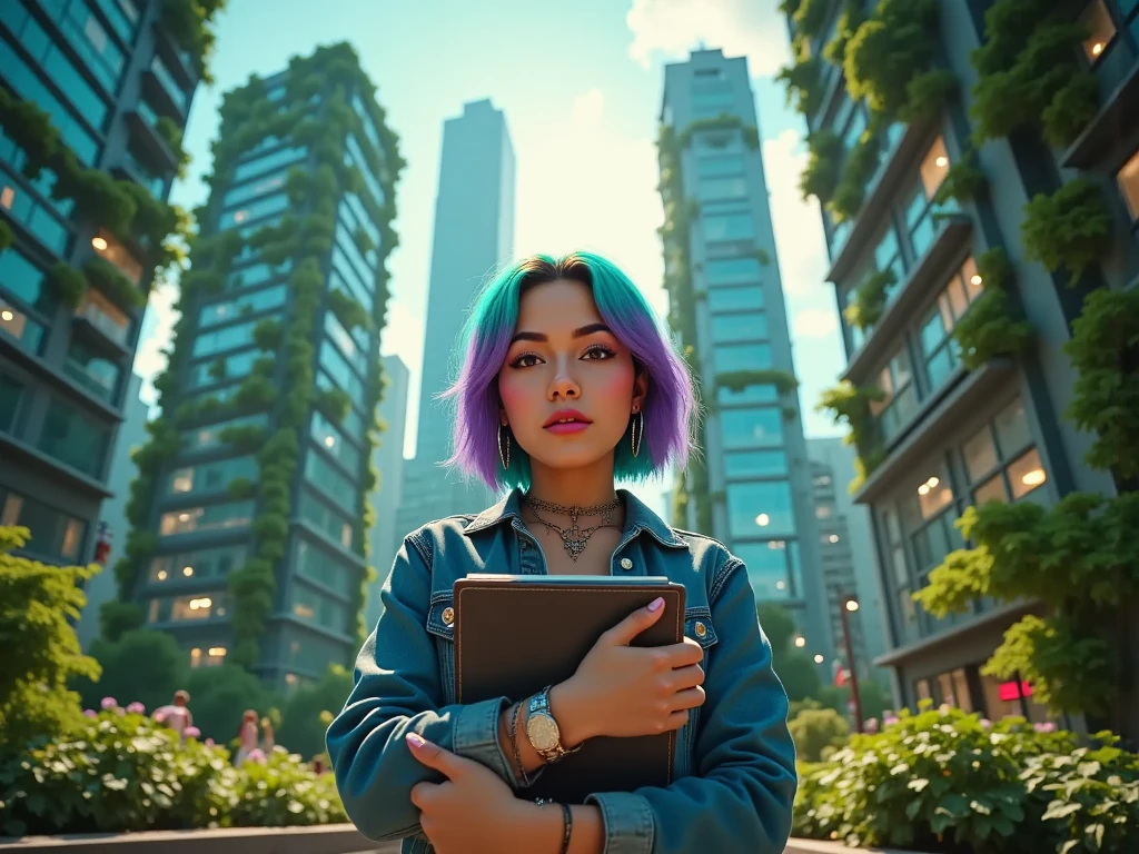 8k analog style, photorealistic, (proud), young dreamy eyes, , looking at viewer, low angle shot, full body shot, in ecological city, green glass skycrappers covered by ivy, she is alone, denim clothes,  Embracing a big notebook with both arms, 1girl, ,  cyberpunk with ((glossy ((violet)) lipstick)), ((((short cyan and (violet) hairs,)))) ((((cuban ethnicity)))), guatemalan, ((guatemala)), ((native american)), high detail skin with ((skin pores ) cute few moles and acne and natural (skin imperfections),  (((latina))), mid dark skin, lifelike, (((futuristic necklace))), 