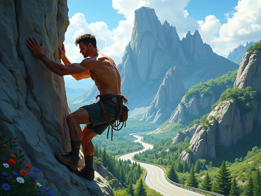 Holding on to the edge of a cliff with one hand,Sunny weather