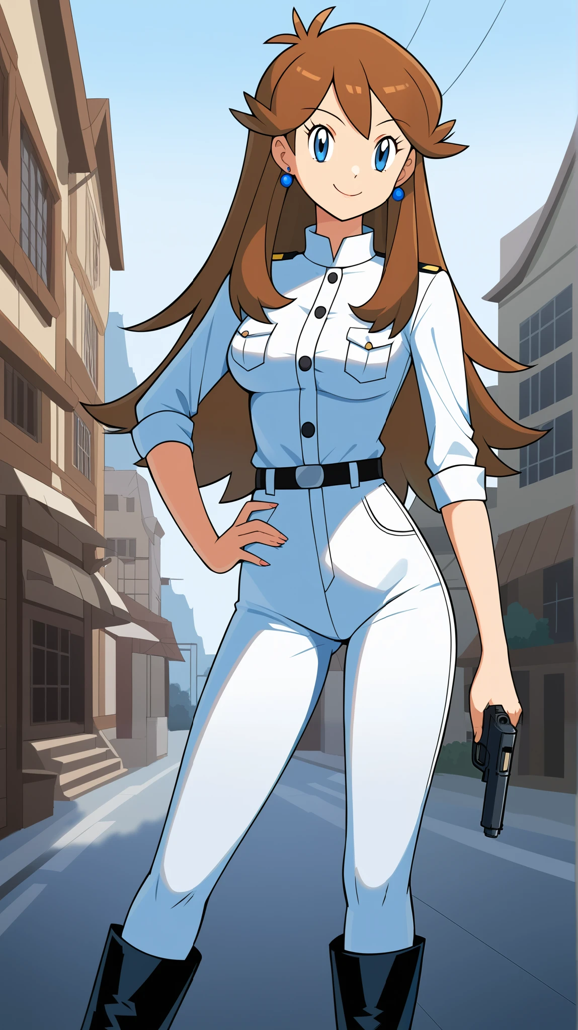  orange brown hair color,  long hair,  blue eyes, White military uniform , Ample breasts,  view viewers , 1 Female, Age 18, Place one hand on hip, whole body,  slim figure, Black Boots,  provocative smile , White jeans, Pistol, Three idiot hairs ,  blue earrings,  Tall,  standing,  score_9,  score_8_Excellent,  score_7_Excellent,  score_6_Excellent,  top quality,  source_Anime,  cell shading ,  Flat Color , vector,  detailed background, town,  break 1 girl , Alone, (\ Pokemon\), Outdoor, building