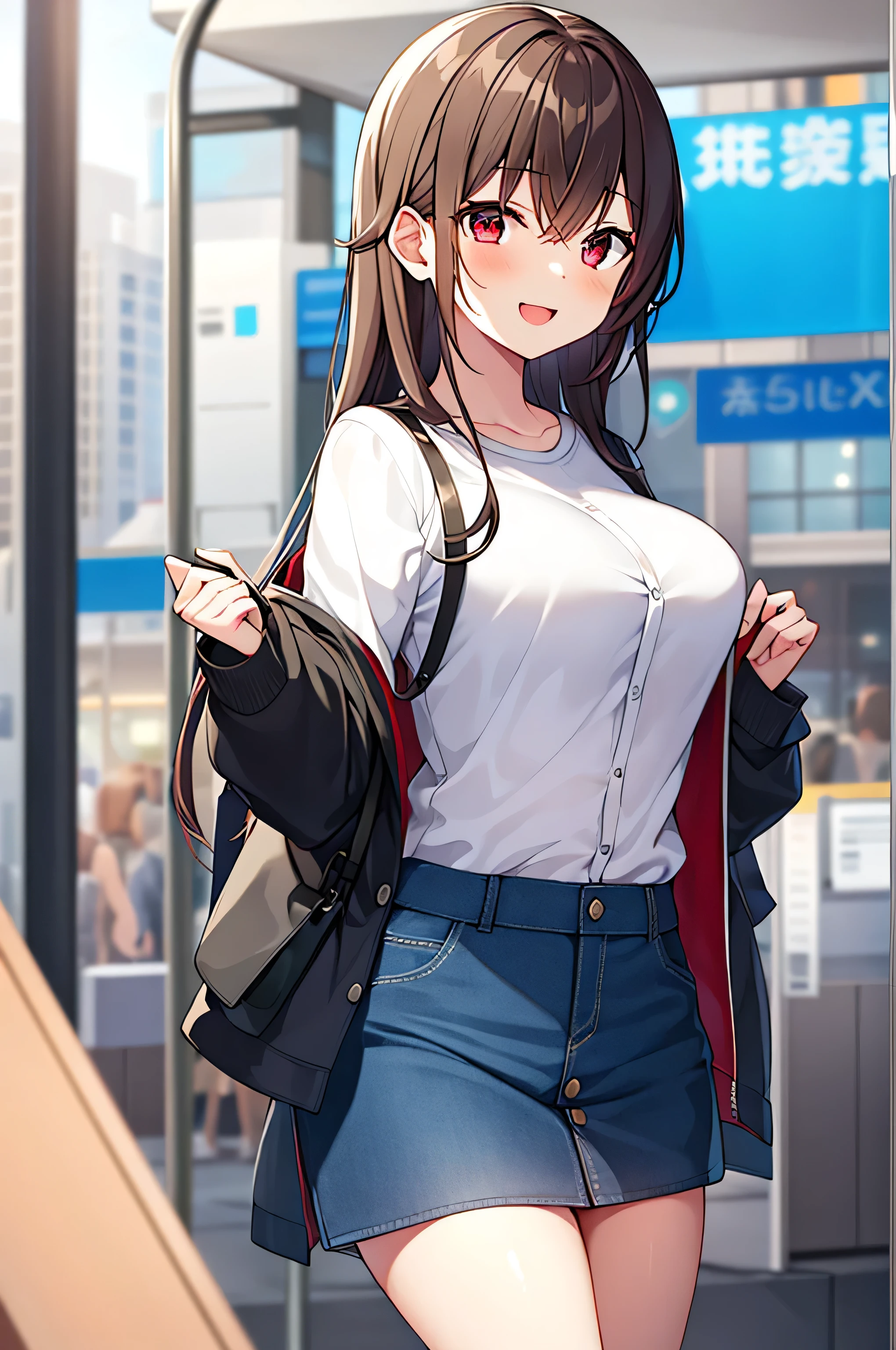  1 girl, nakaNo._future,   Unique , Scantily clad, , red eyes , brown_hair, Long_hair, hair_between_ have eyes , White_, _clothing, White_ Background and  , station，metro station，bus station，Watching_Shown in_ Use the following method to view viewerackground, shirt, sit, Deactivate_, Umbilical cord, No._OK, White shirt ,  use the following method to view viewerackground through bangs , Long_sleeve, Large target_, medium_,  open shirt, Blushing,Smile，Open your mouth，nipple，Protrusion of the nipple，肚Umbilical cord，