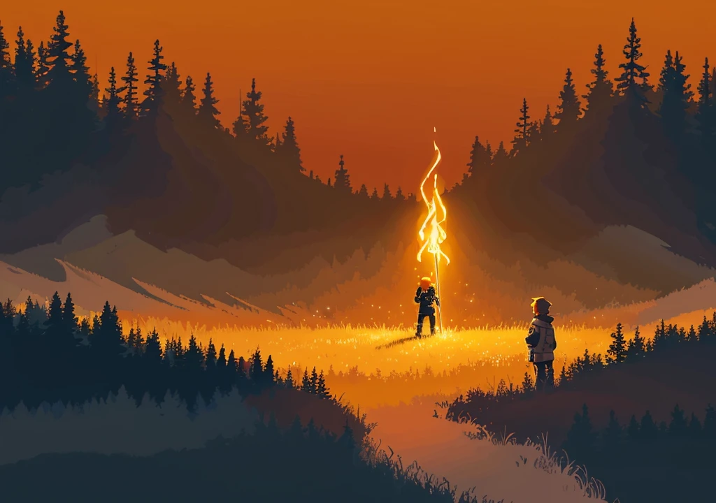 a boy wearing a yellow jacket looking towards the forest, a dense and dark forest, night background, an orange cat guiding the 's path, the  holding a torch as the only source of light, shaped like a box like minicraft, pixel image