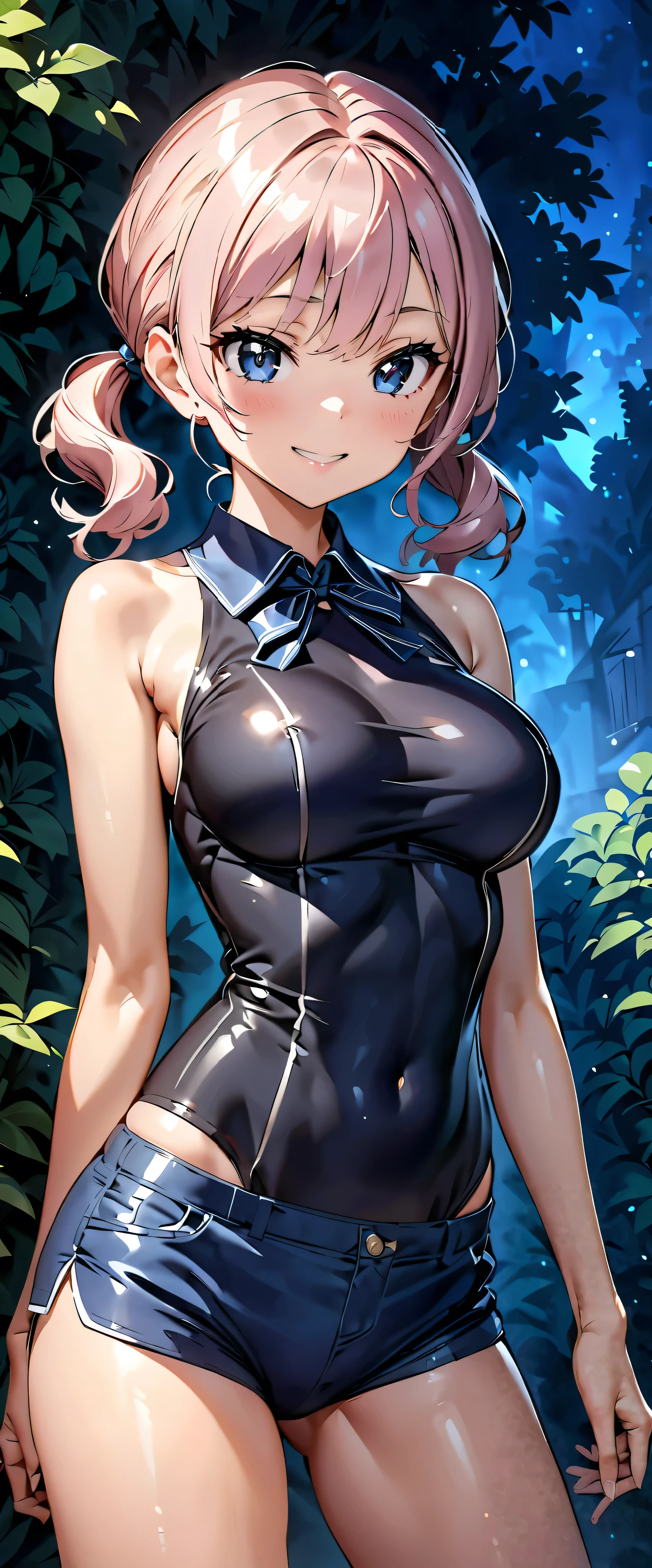 (((masterpiece)))、(( best quality))、( super detailed)、(CG illustration)、( very beautiful girl ))、 cinematic light 、((1 Girl))、 、(Beautiful and luxurious:1.2)、( one girl :1.3),garden,,Shiny sleeveless V-line bodysuit,jean micro shorts,,smile,, skinny,Fits perfectly against the skin,Big Breasts, ponytail