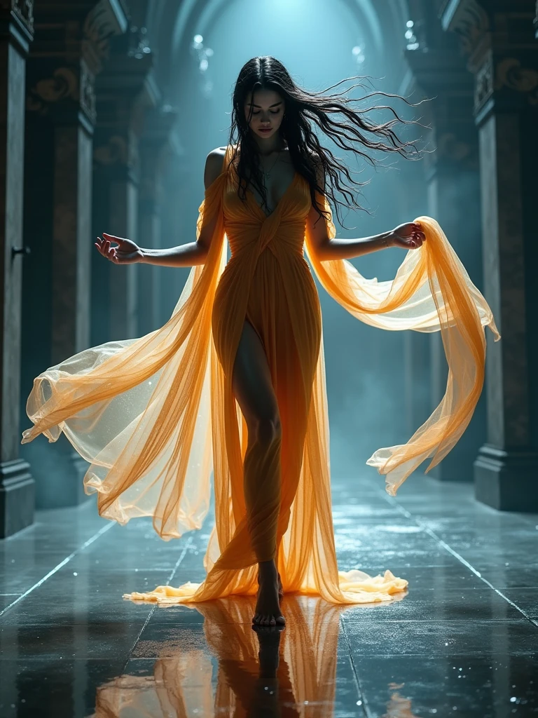 photo realistic taken from a key hole of a goddess wrapped in long tulle scarf dancing on the mirror floor, showing a perfect reflection of her movement, tossing her wet hair left a water splash trail around her hair, intricate detailed, high quality, cinematic motion, looking to viewer, low angle shot, 
