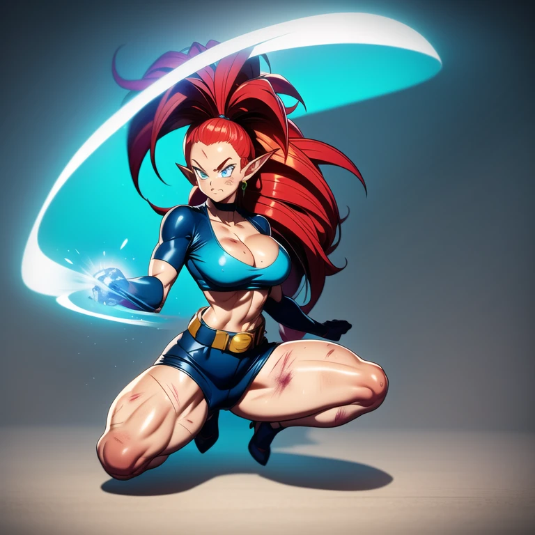 dbsuper style, 1
Girl, captain mizuki, green aura, super saiyan's aura, belt, pointed ears, elf ears, Red colored hair, huge hair, bruise, bruise on face, clenched hands, frown, gloves, blue eyes, grey gloves, evil grin, medium breasts, Aura around her, solo, high ponytail, mouth opened, furious, magician clothes, long skirt with under-shorts,  powering up aura
, ((masterpiece)) 
