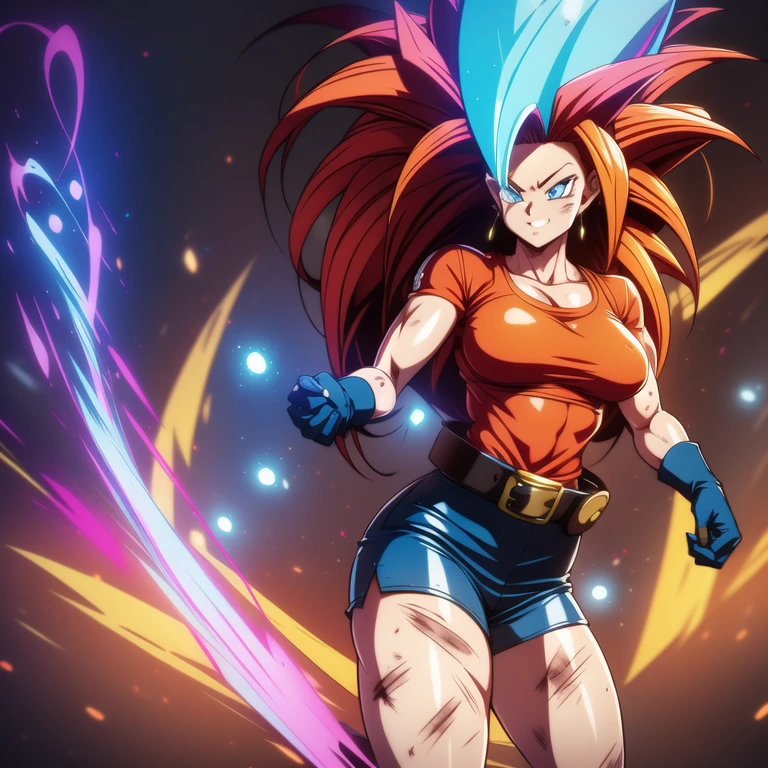 dbsuper style, 1
Girl, captain mizuki, green aura, super saiyan's aura, belt, pointed ears, elf ears, Red colored hair, huge hair, bruise, bruise on face, clenched hands, frown, gloves, blue eyes, grey gloves, evil grin, medium breasts, Aura around her, solo, high ponytail, mouth opened, furious, magician clothes, long skirt with under-shorts,  powering up aura
, ((masterpiece)) 
