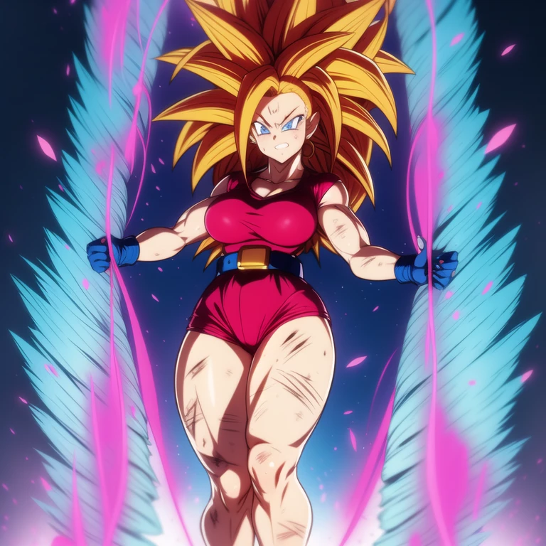 dbsuper style, 1
Girl, captain mizuki, green aura, super saiyan's aura, belt, pointed ears, elf ears, Red colored hair, huge hair, bruise, bruise on face, clenched hands, frown, gloves, blue eyes, grey gloves, evil grin, medium breasts, Aura around her, solo, high ponytail, mouth opened, furious, magician clothes, long skirt with under-shorts,  powering up aura
, ((masterpiece)) 
