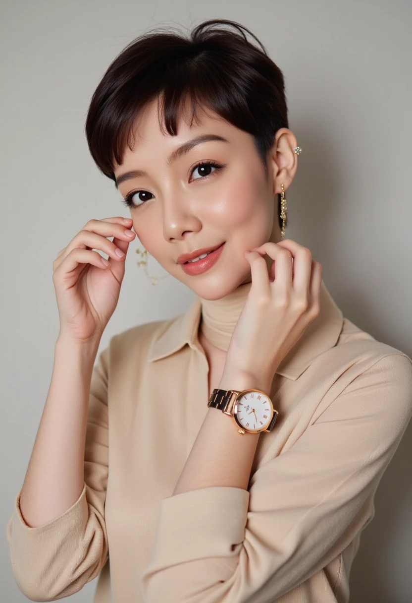 korean, 1girl, short-hair, large_breast,high_resolution,high detail,high quality,masterpiece,realistic,
 hime cut, raise your left hand to show off the fashionable watch on your wrist