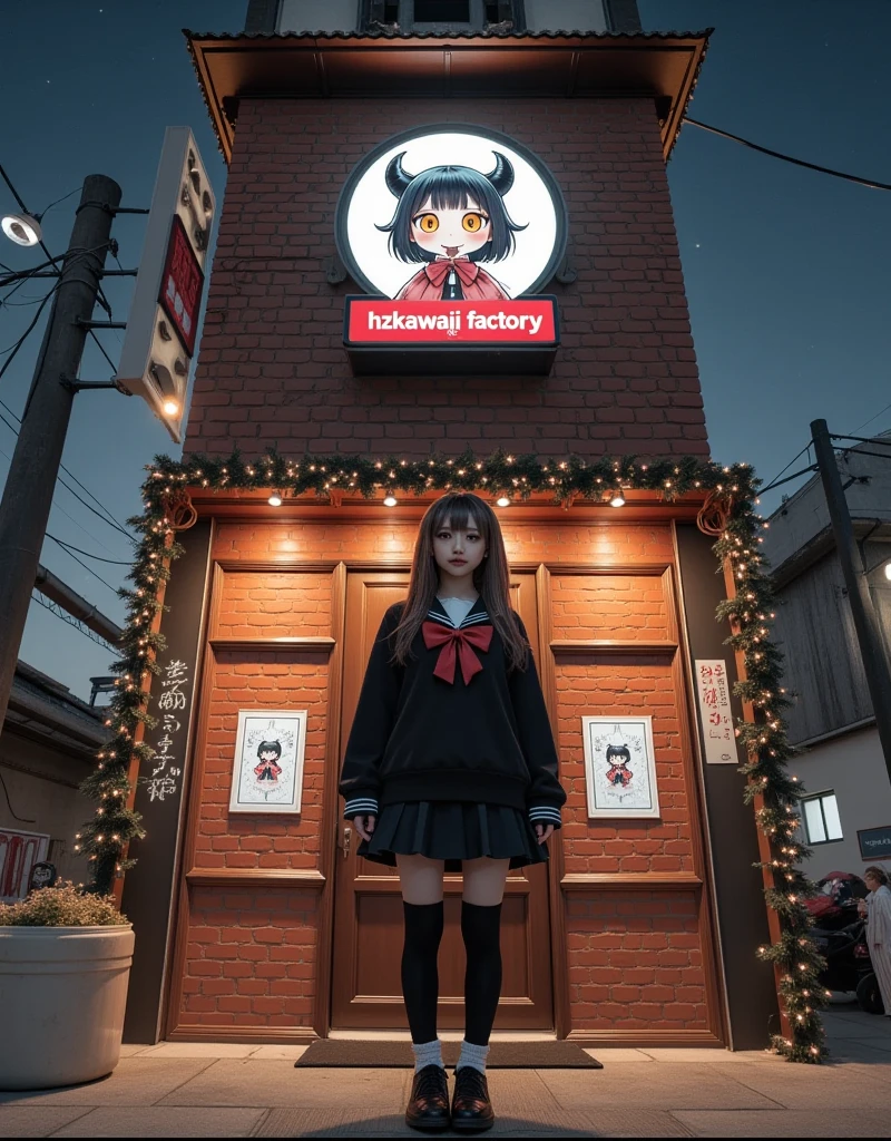 ultra-realistic, photorealistic, dramatic scene, shadow, global-illumination, solo, very beautiful Japanese woman, very beautiful but boyish cool face, she squints and looks at viewers She smiles with her eyes narrowed, wearing high school sailor uniform, She is standing in front of an antique brick factory, (The factory building have a large signboard with the company name "hzkawaii factory" with a drawing of a very realistic Chibi-anime-devil-black-girl, Large sign reading "hzkawaii factory":1.5), the cute drawing of chibi-anime-devil-black-girl on the signboard is 1girl\(dark black devil,cute,big eyes,large circle eyes,dark gray skin,evil smile,orange eyes, vivid orange eyes, dark black skin, looking down,wearing a cute Tyrolean-style capelet\(big,long,Tattered\), upper body\), the factory is gorgeously decorated with festive Christmas illuminations,