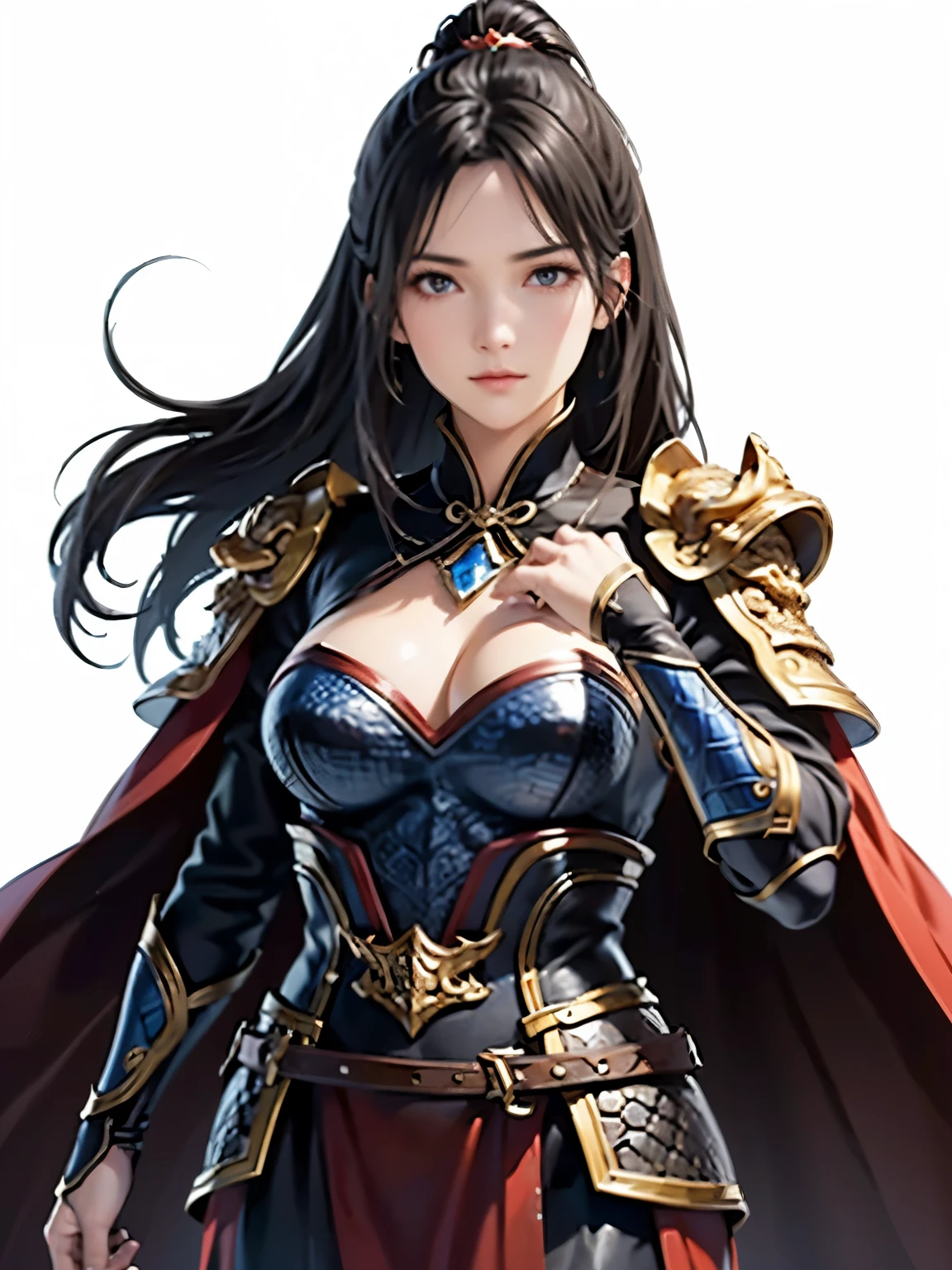   Beautiful black-haired woman ：Beautiful female knight, one woman、1.3,  Amazing Character Art, Hanfu,((  pure white background)), ( top quality),  2. 5D CGI fantasy artwork,  detailed digital art , Very nice work of art,  fan art best art station, (black velvet long cape),(warrior:1.2)( No Emotion)1.2,Japan、 accurately drawn hands 、 I'm putting my hands on my lower back, facing the front 、 The chest part of her armor is wide open、 breasts are exposed 、４k、 white background 、From the waist up