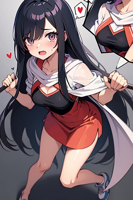 (Perfect body),Best Quality,16 K、((((Short stature))))、((((Lori))))、(White kimono)、sleeve less、(Red mini skirt)、White panty、(((blush)))、:D、I have my mouth wide open、Tsuriformes、Blunt bangs、(short-hair)、(((bob cuts)))、(Red Eyes),((Black hair)),(Sweat)、((red scarf))、((Big ass))、((huge-breasted))、(((thick thighs)))、Armpits、having katana、dynamicposes