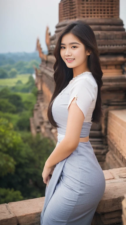 Beautiful and elegant, young Burmese woman, 20 years old, smiling face, happy eyes, pleasant smile, curvy body, not short, not tall, beautiful Burmese dress, long hair, fair skin, high hips, world record-breaking Pagoda pagodas as a natural background, highest clear resolution 16k award-winning Myanmar natural Pagoda view 3d HD HD