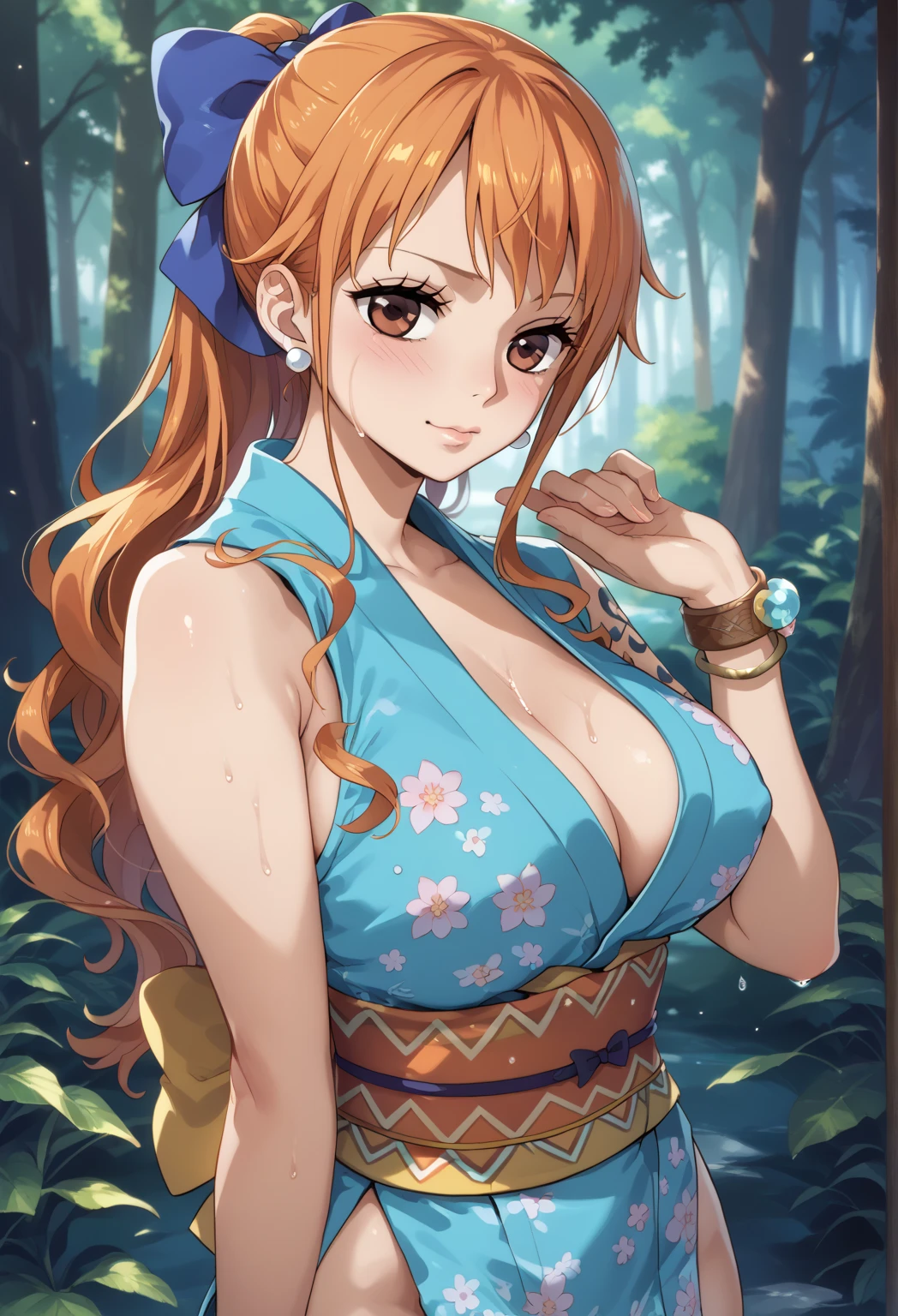 Nami,  long hair,  orange hair,  low ponytail,  hair bow,  earrings for a woman alone,  Brown Eyes , Shoulder Tattoo, chest, clavicle, Bare Skin, Japanese clothing, Short kimono, Blue Kimono, floral print,  sleeveless,  bracelet on nipple, sash, heart,  Bransing, shy,   Sweaty Seductive Pose , ,  enchanting face , whole body, View directly,  viewers, forest,  Hiromitsu Takeda style