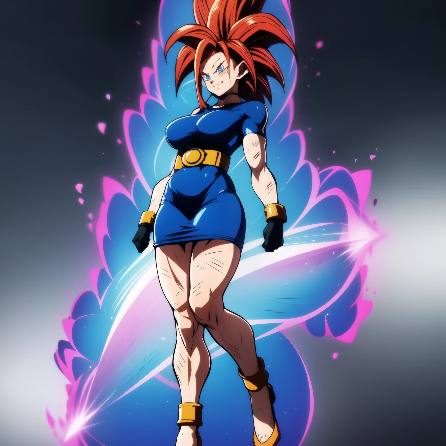 dbsuper style, 1
Girl, captain mizuki, green aura, super saiyan's aura, belt, pointed ears, elf ears, Red colored hair, huge hair, bruise, bruise on face, clenched hands, frown, gloves, blue eyes, grey gloves, evil grin, medium breasts, Aura around her, solo, high ponytail, mouth opened, furious, magician clothes, long skirt with under-shorts,  powering up aura
, ((masterpiece)) 
