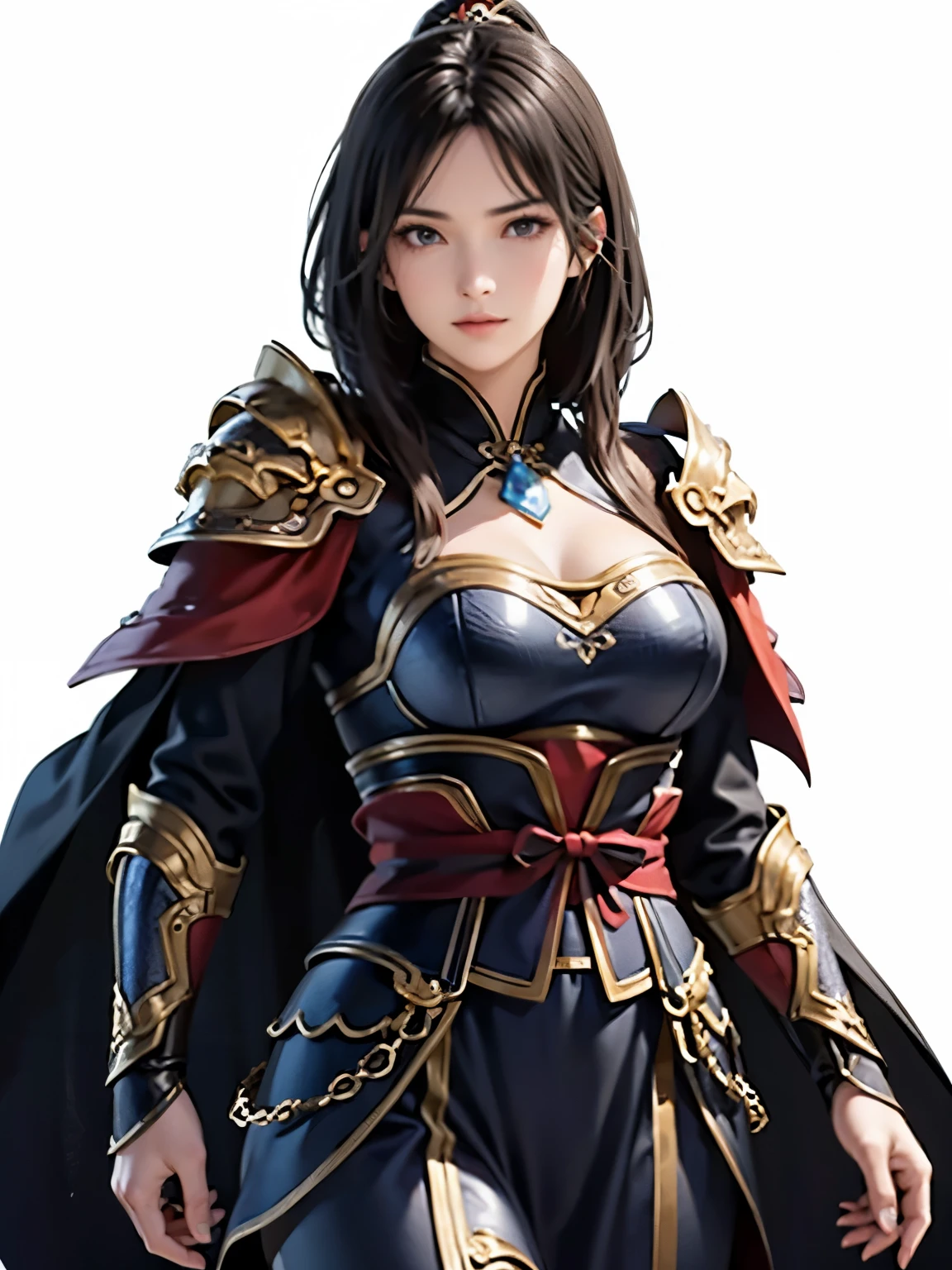 Beautiful black-haired woman :Beautiful female knight, one woman、1.3, Amazing Character Art, Hanfu,(( pure white background)), ( top quality), 2. 5D CGI fantasy artwork, detailed digital art , Very nice work of art, fan art best art station, (black velvet long cape),(warrior:1.2)( No Emotion)1.2,Japan、 accurately drawn hands 、 I'm putting my hands on my lower back, facing the front 、 The chest part of her armor is wide open、 breasts are exposed 、4k、 white background 、From the waist up