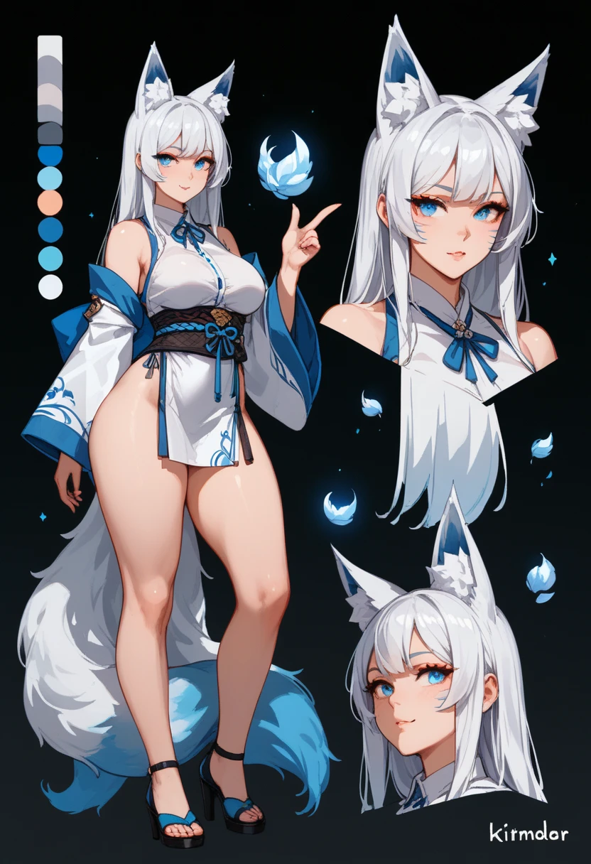 (masterpiece, best quality:1.2)((silver white hair))((violet eyes)),solo,1girl,((eyes tilted outwards)), ((standing_fox_ears)),((fluffy_fox_tail)), milf ,averting_eyes,hair_between_eyes,basic_blue_hairpin,blue_nail_polish,bob_hair,short_hair, (medium breasts), blue_girly_clothing, (reference image)
