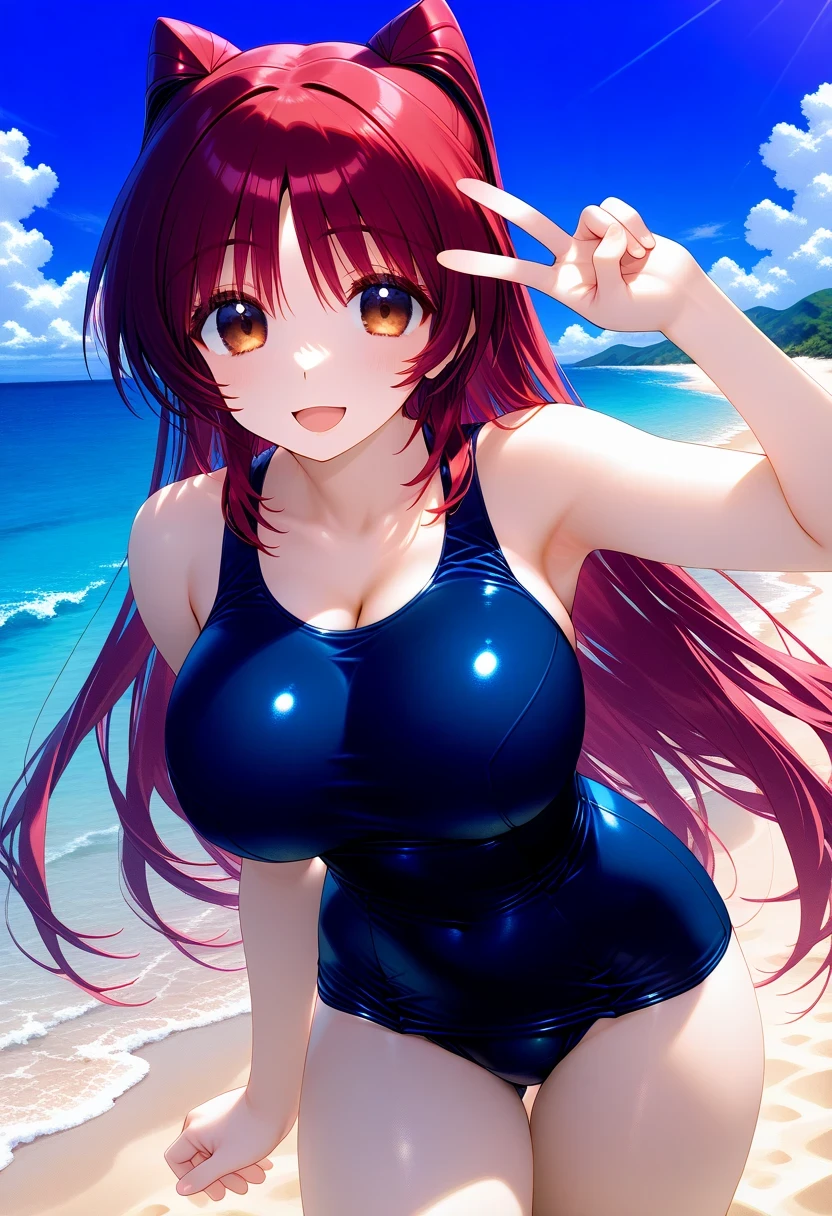 1girl, solo, (beach:1.2), (blue sky:1.2), smile, large breasts, v, hand up, 
kousaka_tamaki, brown eyes, red hair, long hair, school swimsuit, blue swimsuit, masterpiece, best quality, good quality, general,, (cowboy shot, dynamic pose:1.2),