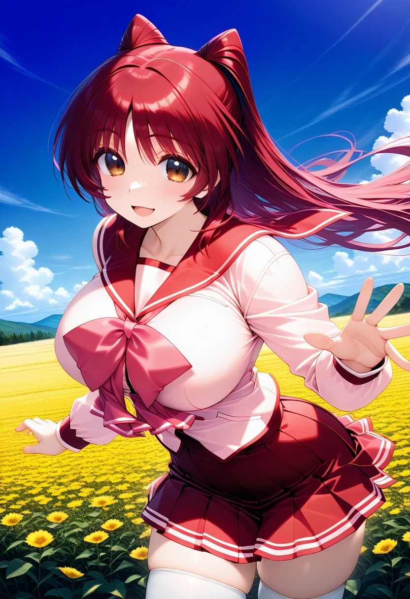 smile, large breasts, open hand,
kousaka_tamaki, brown eyes, red hair, long hair, school uniform, serafuku, red sailor collar, pink shirt, long sleeves, pleated skirt, red skirt, white thighhighs, masterpiece, best quality, good quality, general,, 1girl, solo, (field:1.2), (blue sky:1.2),, (cowboy shot, dynamic pose:1.2),