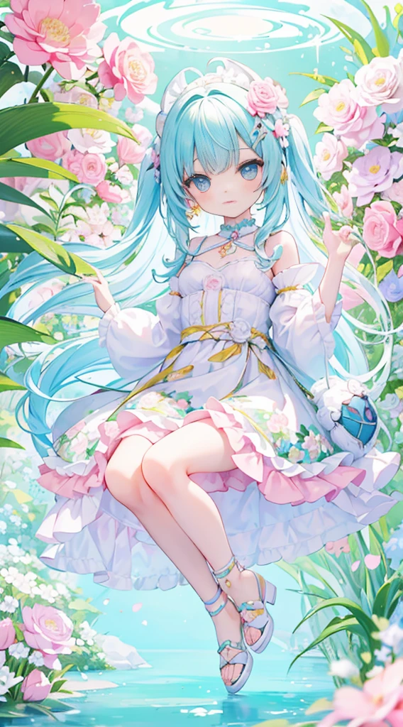 The skin, nose included, is mint with spots of aquamarine on her forehead to resemble scales. The eyebrows are aquamarine too, the eyes blue, and the lips salmon. The teal hair is in a side part just above the left eye and hangs loose down her hips. The bodice consists of a red-lined collar, a yellow chest area, and an aquamarine-yellow tube top. The tube portion features turtle shell-inspired hexagons arranged in such a way as to evoke ripples. Three different blue, pink, red, and yellow flowers complement the pattern. Unlike most dolls, Taylee does not wear a skirt, but shorts. The band is red, while most of the rest is light blue and with an orderly pattern of hexagons in mint and white. Flowers that use the same colors as those on the bodice but with more variety in shape cover the pattern. Taylee wears hot pink pumps with two straps and molded hot pink, calf-high socks. The structure of the shoes is again inspired by turtle shells. She also comes with a light pink biking helmet with a turtle shell-inspired pattern on it. Yellow and pink flowers are on the right side of the helmet. SPARKLE; GLITTER