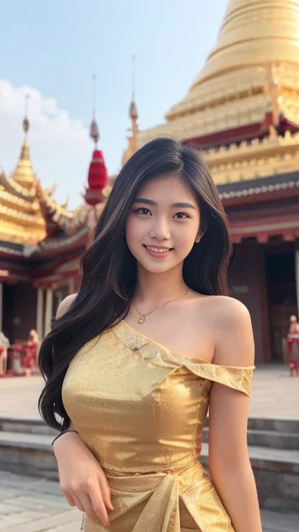 Beautiful and elegant, young Burmese woman, 20 years old, smiling face, happy eyes, pleasant smile, curvy body, not short, not tall, beautiful Burmese dress, long hair, fair skin, high hips, world record-breaking Pagoda pagodas as a natural background, highest clear resolution 16k award-winning Myanmar natural Pagoda view 3d HD HD