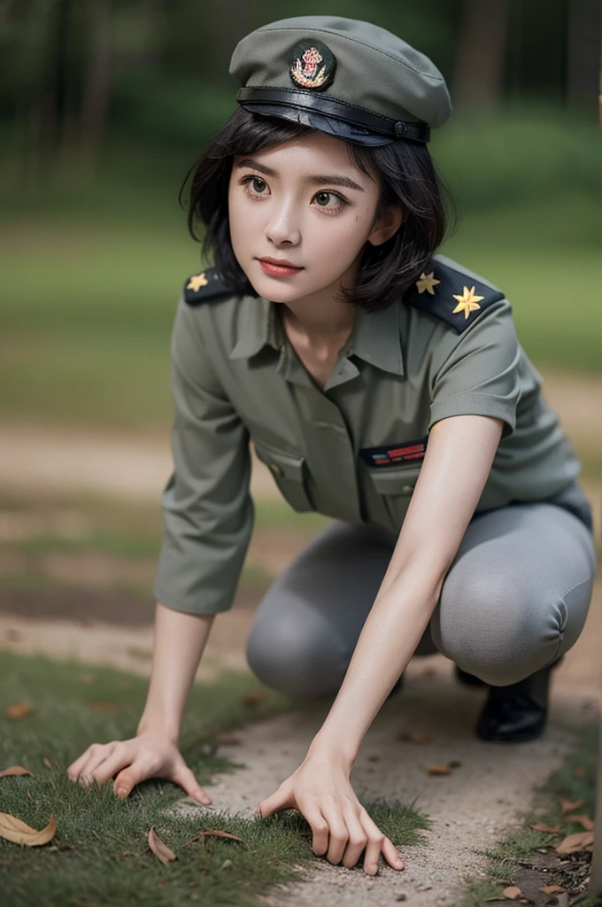 summer forest background. A very young female soldier of  the Chinese Eighth Route Army in the anti Japanese war,  Lies prone on the ground with her belly on the ground,  Crawling towards the camera，very short hair, big eyes, double eyelids, long eyelashes, closed mouth, clenched fist in right hand, with a resolute expression, wearing a summer pure gray coarse cloth military cap, pure gray coarse cloth summer short-sleeved military uniform with pockets, gray leggings and Old style black cloth shoes. The sleeves were rolled up high, exposing the arms. Two Dark green coarse cloth straps are crisscrossed in the center of the chest.