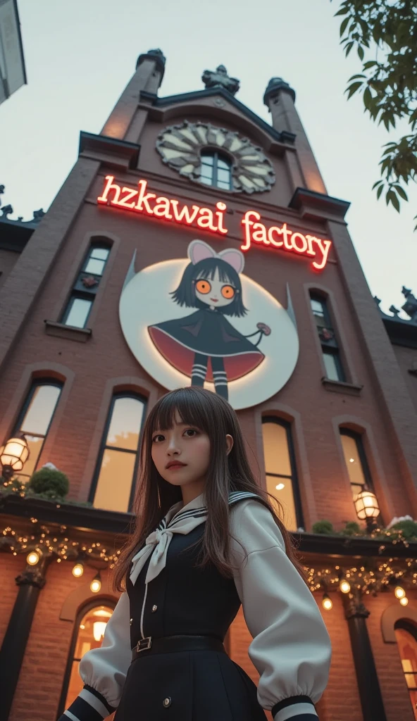 ultra-realistic, photorealistic, dramatic scene, shadow, global-illumination, solo, very beautiful Japanese woman, very beautiful but boyish cool face, she squints and looks at viewers She smiles with her eyes narrowed, wearing high school sailor uniform, She is standing in front of an antique brick factory, (The factory building have a large signboard with the company name "hzkawaii factory" with a drawing of a very realistic Chibi-anime-devil-black-girl, Large sign reading "hzkawaii factory":1.5), the cute drawing of chibi-anime-devil-black-girl on the signboard is 1girl\(dark black devil,cute,big eyes,large circle eyes,dark gray skin,evil smile,orange eyes, vivid orange eyes, dark black skin, looking down,wearing a cute Tyrolean-style capelet\(big,long,Tattered\), upper body\), the factory is gorgeously decorated with festive Christmas illuminations,