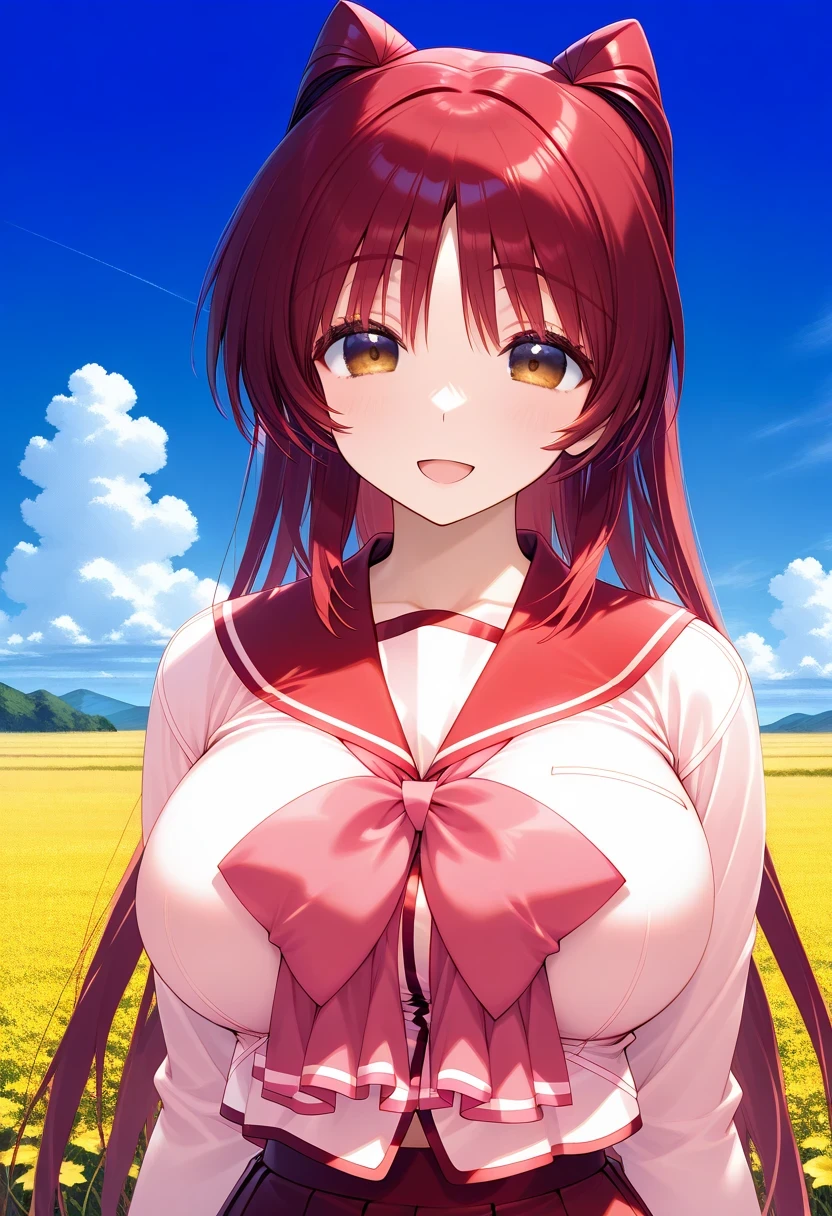 1girl, solo, (field:1.2), (blue sky:1.2), smile, large breasts, 
kousaka_tamaki, brown eyes, red hair, long hair, school uniform, serafuku, red sailor collar, pink shirt, long sleeves, pleated skirt, red skirt, masterpiece, best quality, good quality, general,, (upper body:1.2), (close-up:1.2), (facing viewer:1.4), (open eyes:1.4), (portrait:1.4)