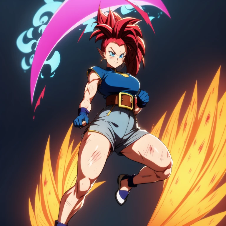 dbsuper style, 1
Girl, captain mizuki, green aura, super saiyan's aura, belt, pointed ears, elf ears, Red colored hair, huge hair, bruise, bruise on face, clenched hands, frown, gloves, blue eyes, grey gloves, evil grin, medium breasts, Aura around her, solo, high ponytail, mouth opened, furious, magician clothes, long skirt with under-shorts,  powering up aura
, ((masterpiece)) 
