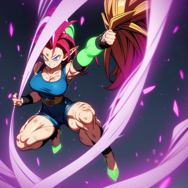 dbsuper style, 1
Girl, captain mizuki, green aura, super saiyan's aura, belt, pointed ears, elf ears, Red colored hair, huge hair, bruise, bruise on face, clenched hands, frown, gloves, blue eyes, grey gloves, evil grin, medium breasts, Aura around her, solo, high ponytail, mouth opened, furious, magician clothes, long skirt with under-shorts,  powering up aura
, ((masterpiece)) 
