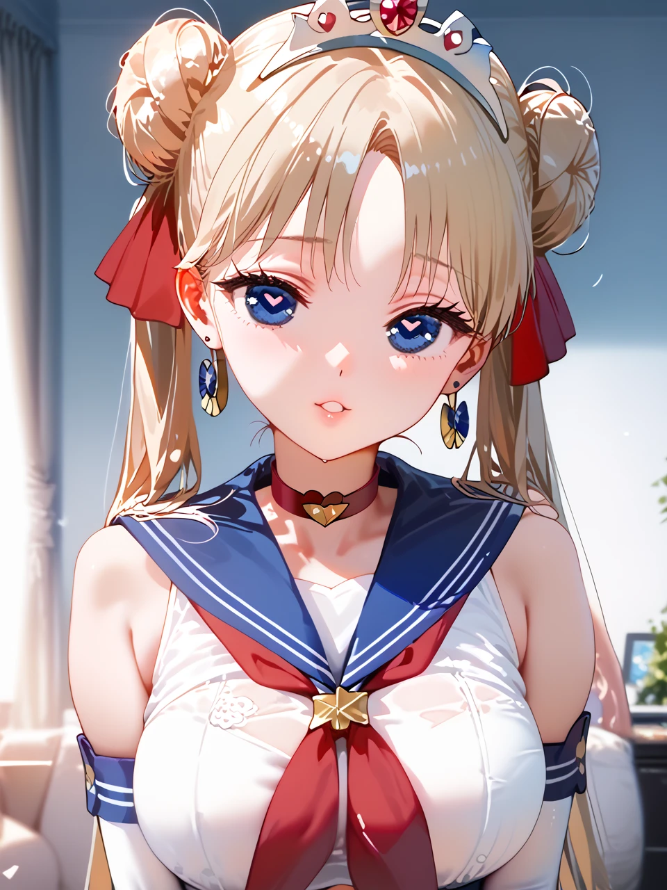          top quality,          top quality,       High Quality Pictures         ,       Masterpiece    ,           super high resolution   ,          detailed background ,          absurd,        I can have my chest touched by Perfect Anatomy     ,          performance   ,   good lighting  ,     Photo Gallery      ,      、aausagi, long hair, double bun, twintails, parted bangs, tiara, earrings, blue eyes, red choker, blue sailor collar, red bow, white shirt, elbow gloves, white gloves, blue skirt汗ばんだ体、Moving lines、   orgasm 、Estrus season、  super huge boobs、  double piece、 Heart Eyes、