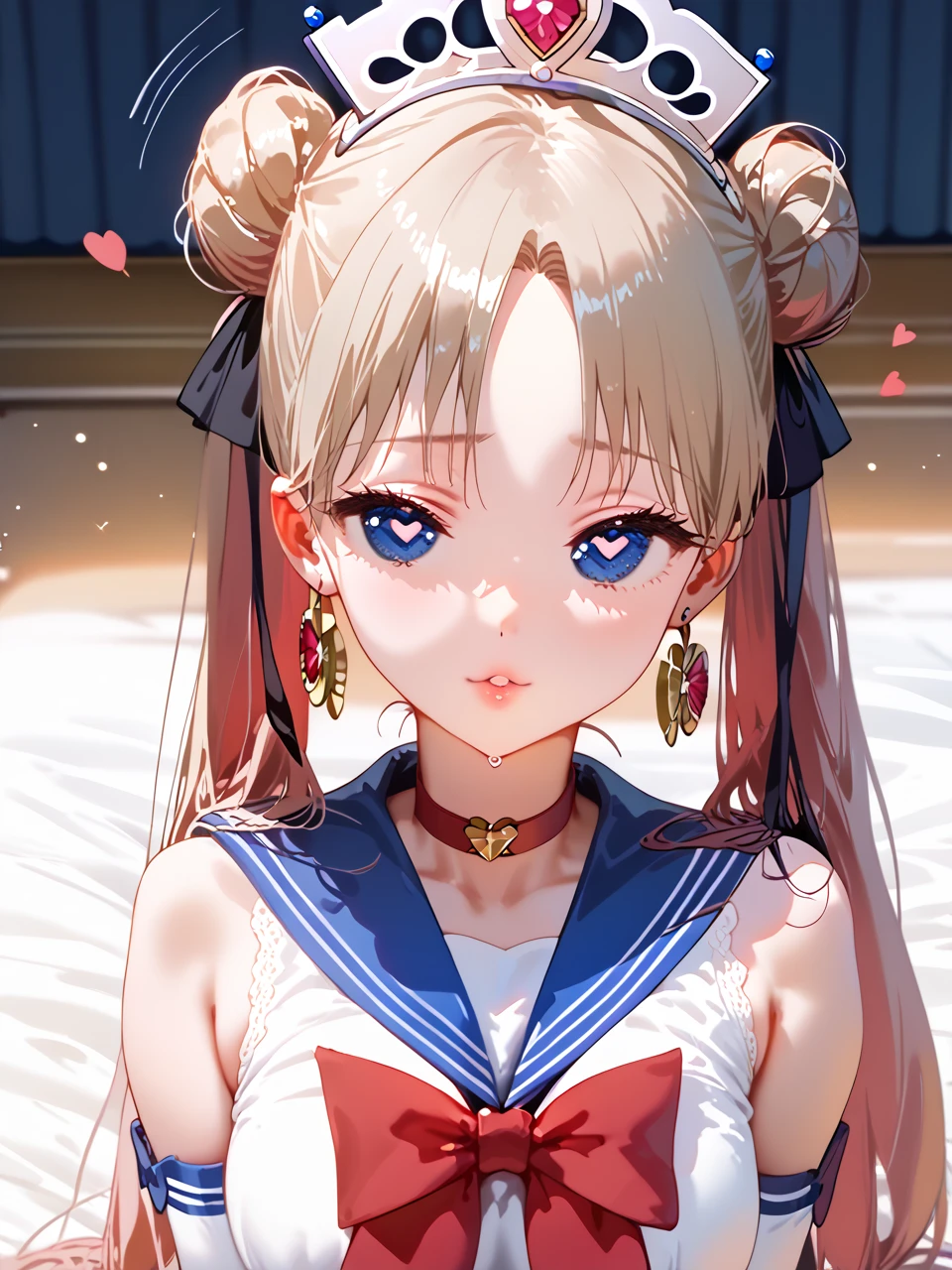          top quality,          top quality,       High Quality Pictures         ,       Masterpiece    ,           super high resolution   ,          detailed background ,          absurd,        I can have my chest touched by Perfect Anatomy     ,          performance   ,   good lighting  ,     Photo Gallery      ,      、aausagi, long hair, double bun, twintails, parted bangs, tiara, earrings, blue eyes, red choker, blue sailor collar, red bow, white shirt, elbow gloves, white gloves, blue skirt汗ばんだ体、Moving lines、   orgasm 、Estrus season、  super huge boobs、  double piece、 Heart Eyes、