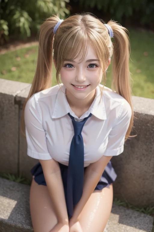 master piece,detailed,(((best quality))), (((**li))),(((cute))), (petite),(((1girl))),((big breasts)),outdoor,light smile,((school uniform)),((vulgarity)),blonde hair