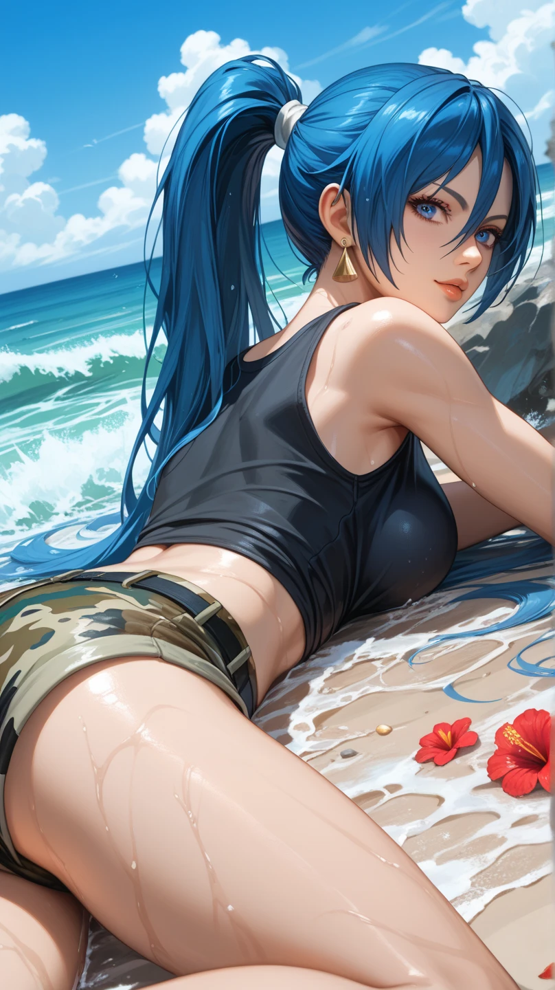 nsfw, masterpiece, hyperphotorealism, full body, woman with blue hair, rainbow eyes, tattoos everywhere, transparent hologram lace micro mini bikini, summer beach