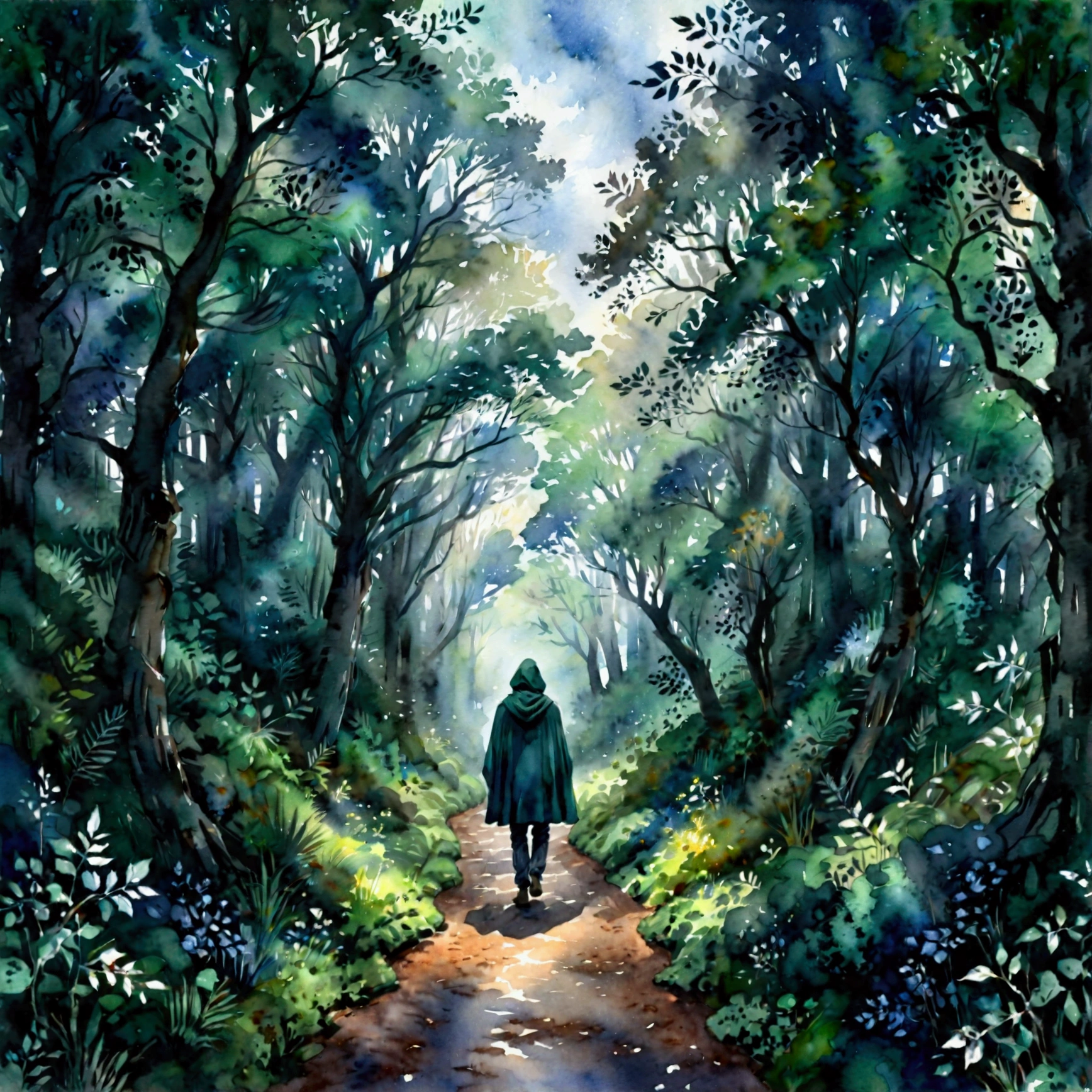 A watercolor-style illustration of a solitary traveler walking along a dark forest path. The traveler’s silhouette is cloaked in a hooded cape, their face obscured in shadow, emphasizing a sense of mystery and loneliness. The dense forest around them is painted in muted tones of deep green, gray, and blue, with tall, shadowy trees creating an almost claustrophobic atmosphere. The path is narrow, winding into the darkness, with soft light filtering faintly through the canopy above. The watercolor brushstrokes are delicate, adding a dreamlike quality that enhances the feeling of quiet isolation and melancholy, (watercolor style, solitary traveler, dark forest path, hooded silhouette, hidden face, muted tones, deep green, gray, blue, shadowy trees, narrow winding path, soft filtered light, delicate brushstrokes, mysterious, lonely, melancholy, quiet isolation)