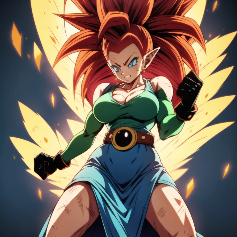 dbsuper style, 1
Girl, captain mizuki, green aura, super saiyan's aura, belt, pointed ears, elf ears, Red colored hair, huge hair, bruise, bruise on face, clenched hands, frown, gloves, blue eyes, grey gloves, evil grin, medium breasts, Aura around her, solo, high ponytail, mouth opened, furious, magician clothes, long skirt with under-shorts,  powering up aura
, ((masterpiece)) 
