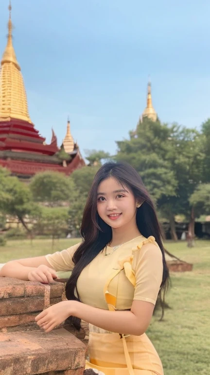 Beautiful and elegant, young Burmese woman, 20 years old, smiling face, happy eyes, pleasant smile, curvy body, not short, not tall, beautiful Burmese dress, long hair, fair skin, high hips, world record-breaking Pagoda pagodas as a natural background, highest clear resolution 16k award-winning Myanmar natural Pagoda view 3d HD HD