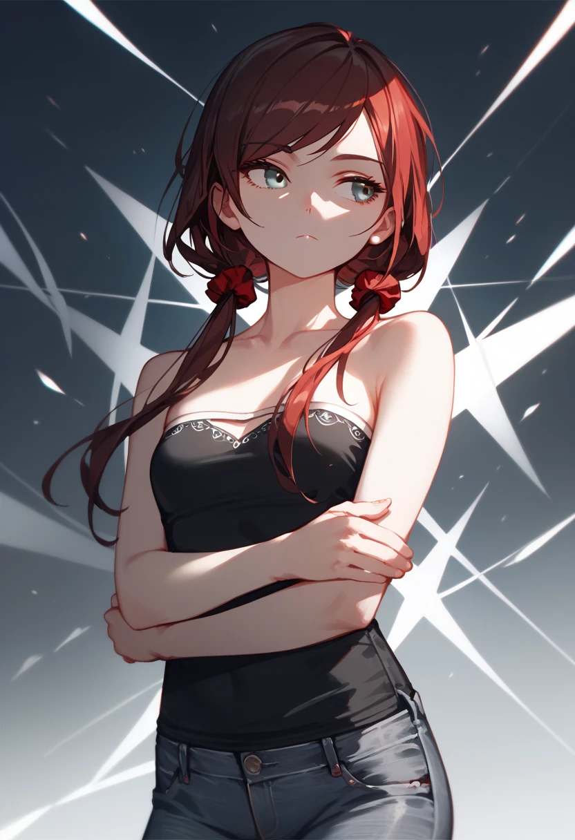 (masterpiece, best quality), 1 expressionless girl, looking to the side, hand on own arm, beautiful face,  ((Gray eyes, Dark red hair, swept bangs, low twin tails)), hair scrunchie, ((strapless gray shirt , sleeveless with white trim, black jeans)), small breasts, slightly toned arms,